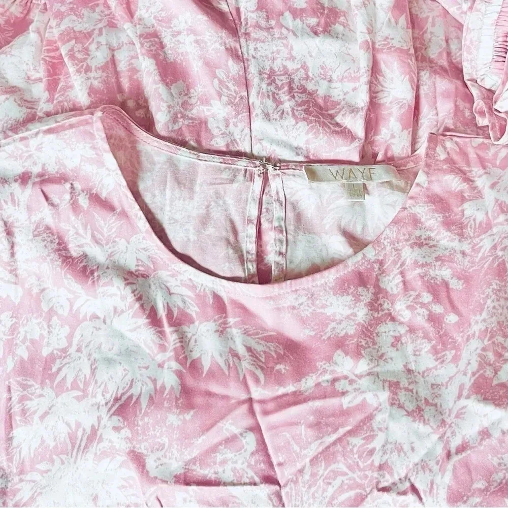WAYF Altonia Swing Poplin Dress Pink Jungle Women’s L Belted Ruffle Long Sleeve